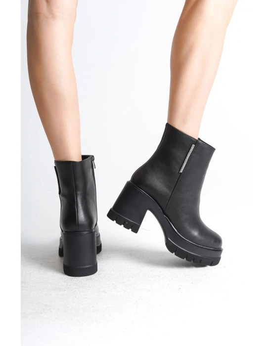 LISSE Fermuarlı Ortopedik Taban Kalın Topuklu Kadın Bot CST - Siyah
