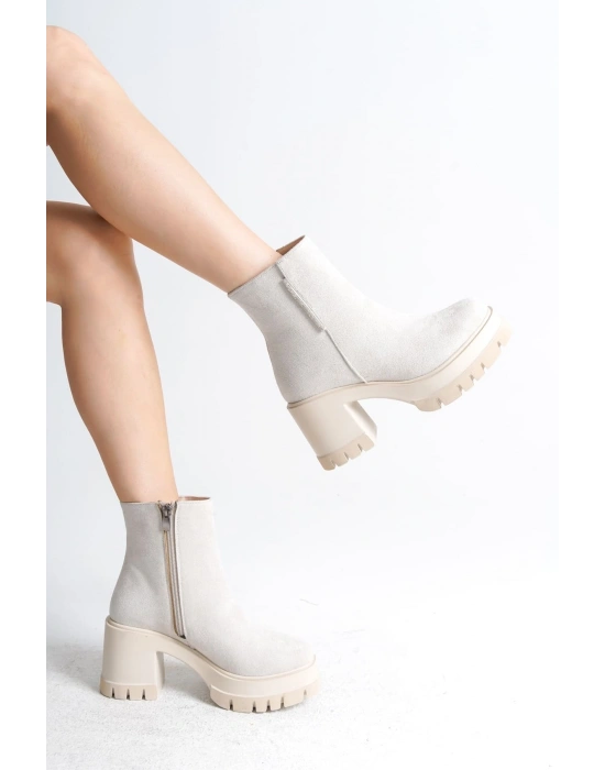 LISSE Fermuarlı Ortopedik Taban Kalın Topuklu Süet Kadın Bot  SKT-  Krem