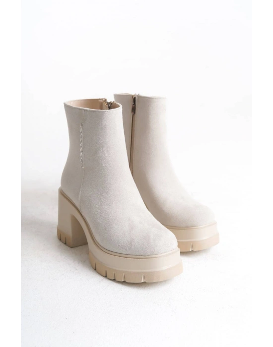LISSE Fermuarlı Ortopedik Taban Kalın Topuklu Süet Kadın Bot  SKT-  Krem