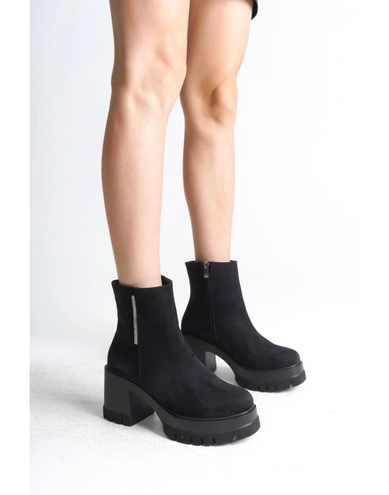 LISSE Fermuarlı Ortopedik Taban Kalın Topuklu Süet Kadın Bot SST - Siyah