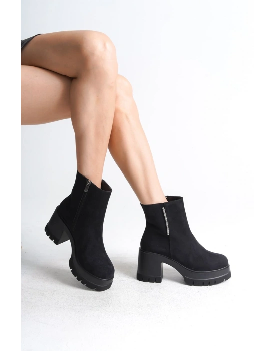 LISSE Fermuarlı Ortopedik Taban Kalın Topuklu Süet Kadın Bot SST - Siyah