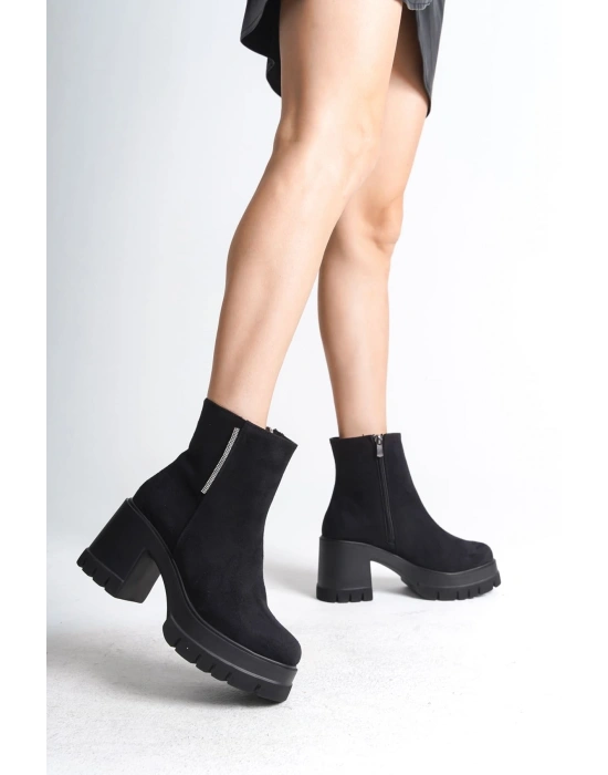LISSE Fermuarlı Ortopedik Taban Kalın Topuklu Süet Kadın Bot SST - Siyah