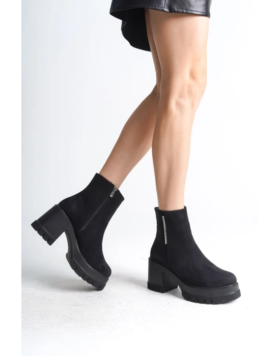 LISSE Fermuarlı Ortopedik Taban Kalın Topuklu Süet Kadın Bot SST - Siyah