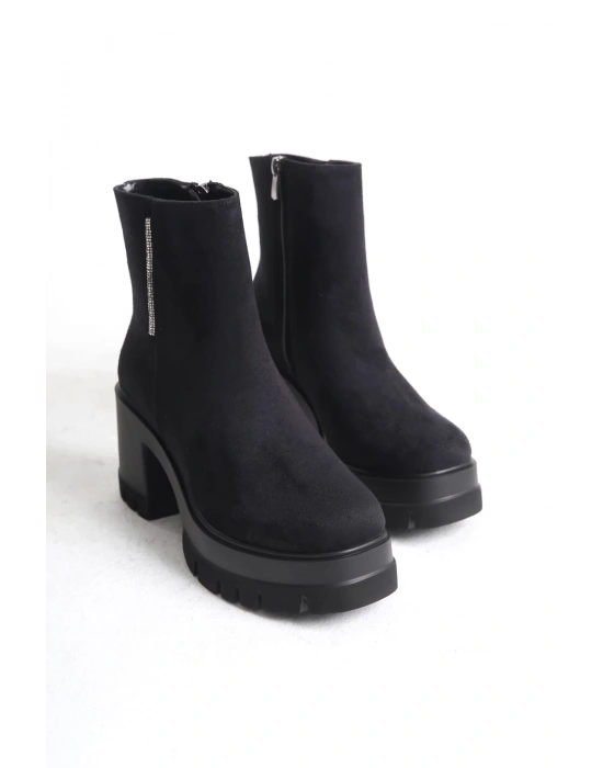 LISSE Fermuarlı Ortopedik Taban Kalın Topuklu Süet Kadın Bot SST - Siyah