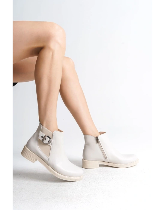 LUNA Fermuarlı Lastikli Ortopedik Taban Topuklu Kadın Bot CKT - Krem