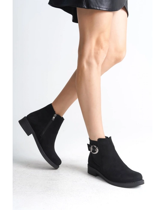 LUNA Fermuarlı Lastikli Ortopedik Taban Topuklu Süet Kadın Bot  SST - Siyah