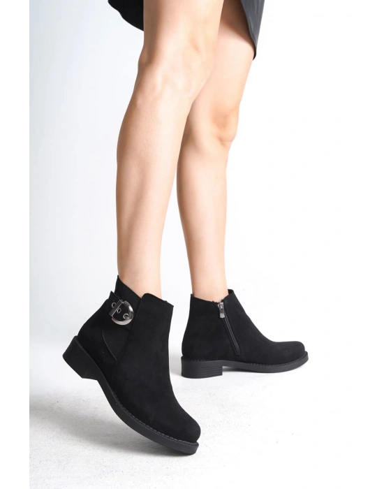 LUNA Fermuarlı Lastikli Ortopedik Taban Topuklu Süet Kadın Bot  SST - Siyah