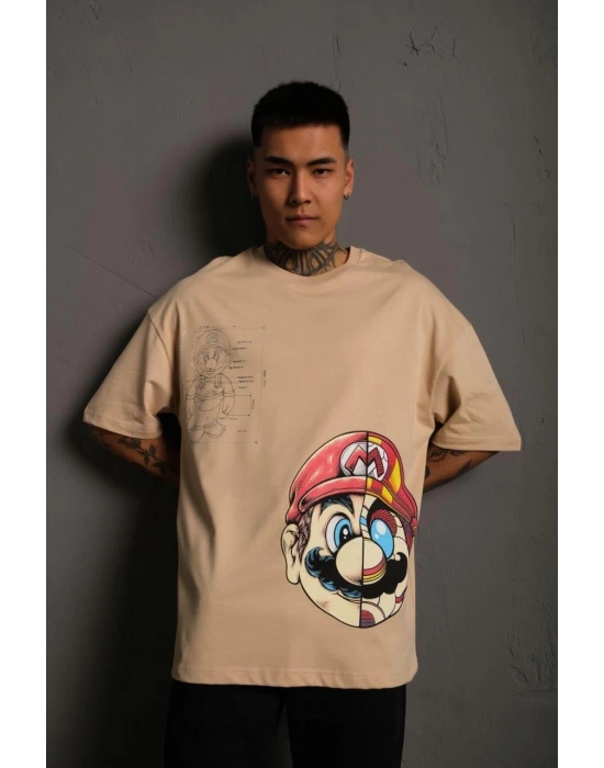 Mario Baskılı Oversize T-Shirt - Bej -