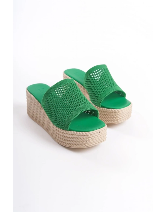 MARLA Dolgu Topuklu Ortopedik Taban Hasır Görünümlü Triko Kadın Terlik  TKT - Yeşil