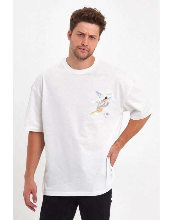 Melek Baskılı Oversize T-shirt - Beyaz -