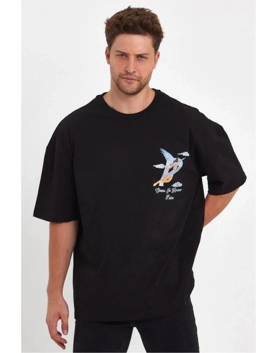 Melek Baskılı Oversize T-shirt - Siyah -