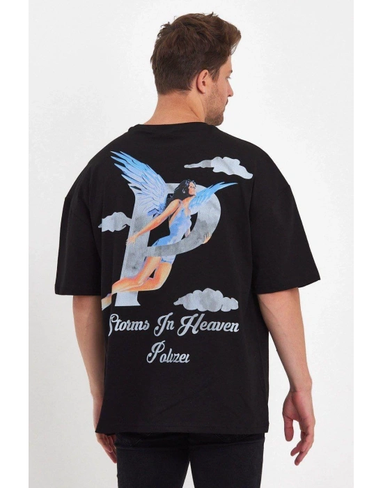 Melek Baskılı Oversize T-shirt - Siyah -