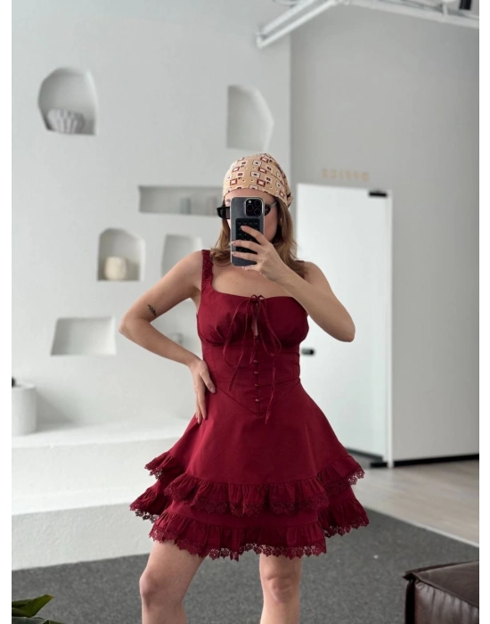 Mini Askılı Elbise - Bordo -