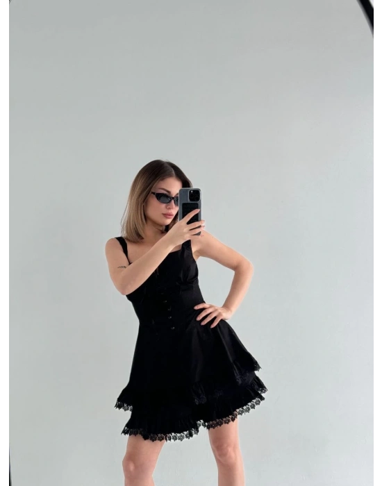 Mini Askılı Elbise - Siyah -