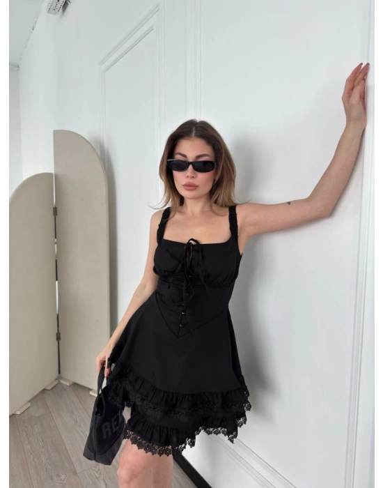 Mini Askılı Elbise - Siyah -