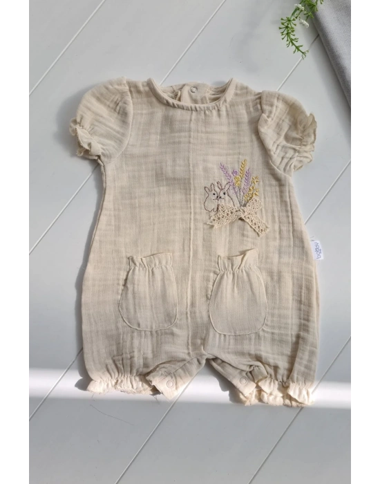 Müslin Kumaş Çiçek Nakışlı Pamuklu Kız Bebek Tulum