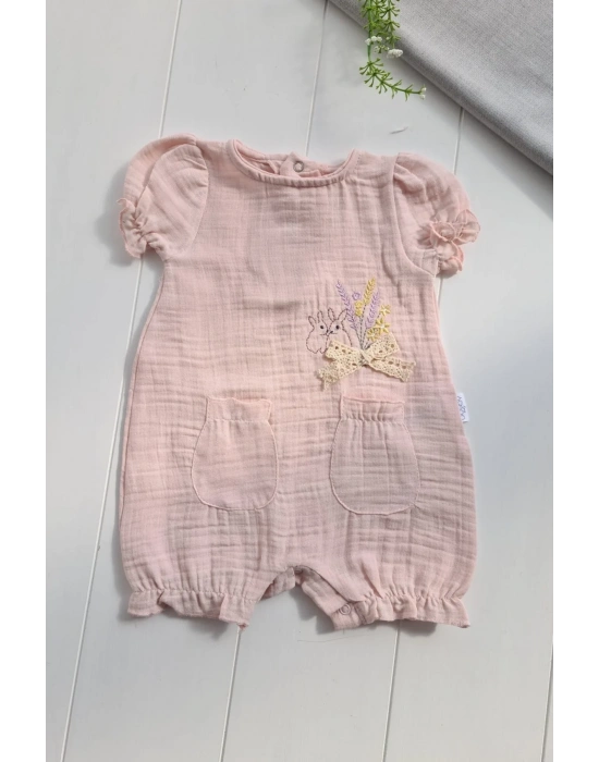 Müslin Kumaş Çiçek Nakışlı Pamuklu Kız Bebek Tulum
