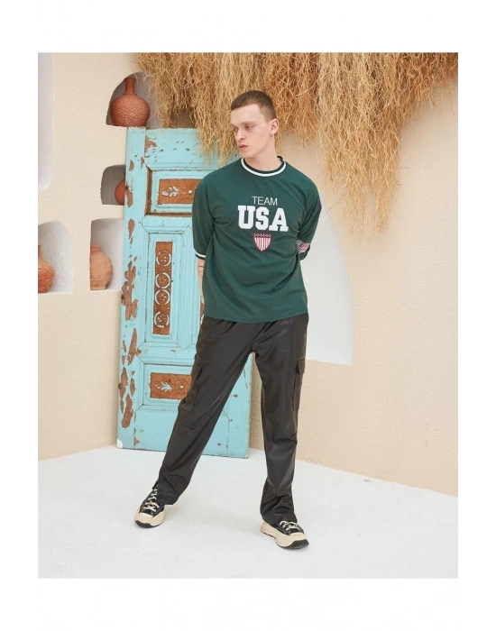 Nakış İşlemeli Ribanalı Oversize T-shirt - Yeşil