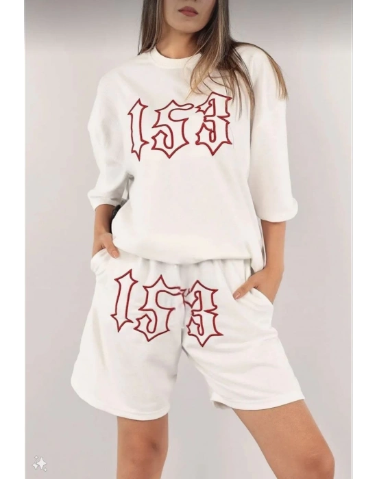 Nakış İşlemeli Şort Takım - Beyaz -