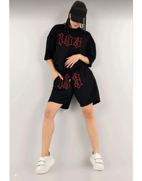 Nakış İşlemeli Şort Takım - Siyah -