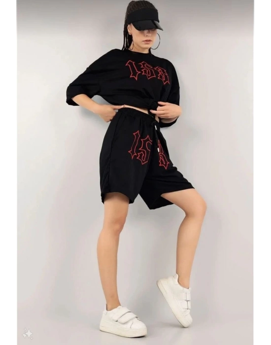 Nakış İşlemeli Şort Takım - Siyah -