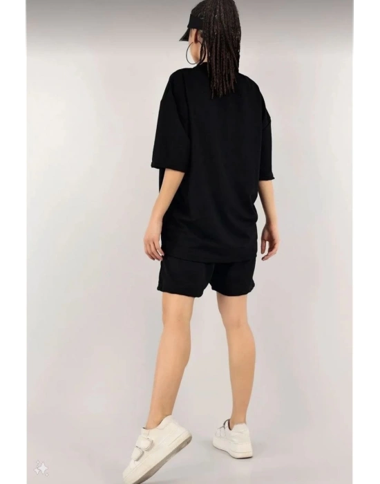 Nakış İşlemeli Şort Takım - Siyah -