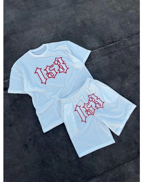 Nakış İşlemeli Şortlu Takım - Beyaz -