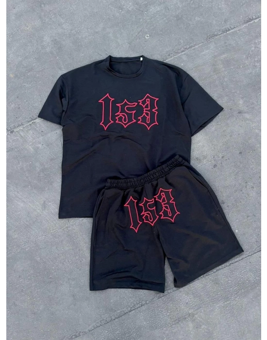 Nakış İşlemeli Şortlu Takım - Siyah -