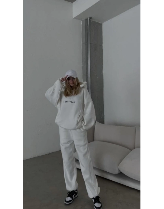 Nakış İşlemeli Üç İplik Sweat Takım- Beyaz -