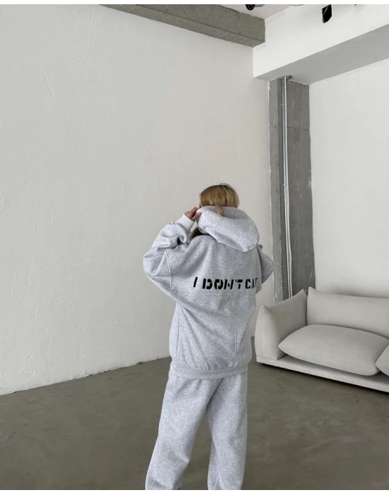 Nakış İşlemeli Üç İplik Sweat Takım- Gri -