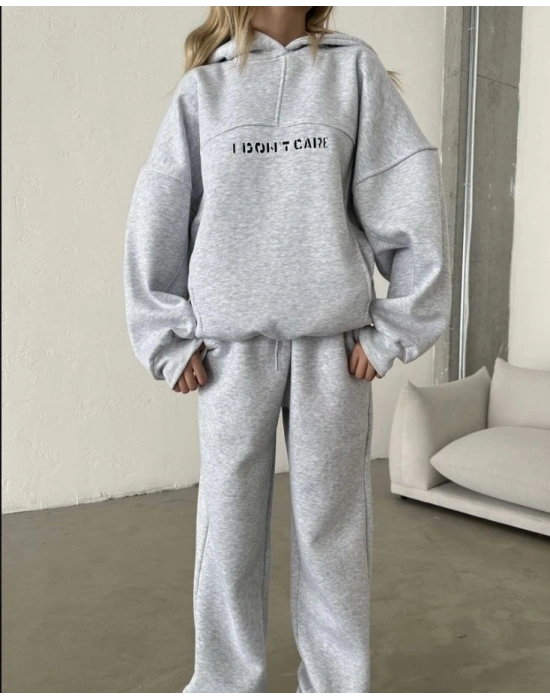 Nakış İşlemeli Üç İplik Sweat Takım- Gri -