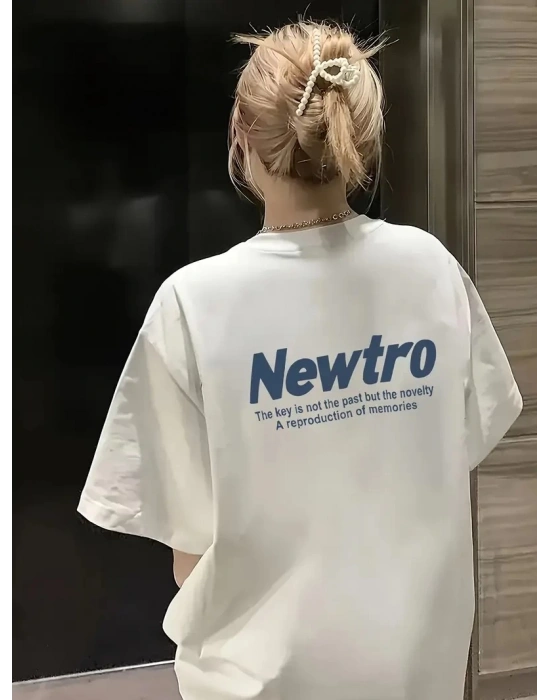 Newtro Baskılı Oversize Bisiklet Yaka T-shirt - Beyaz -