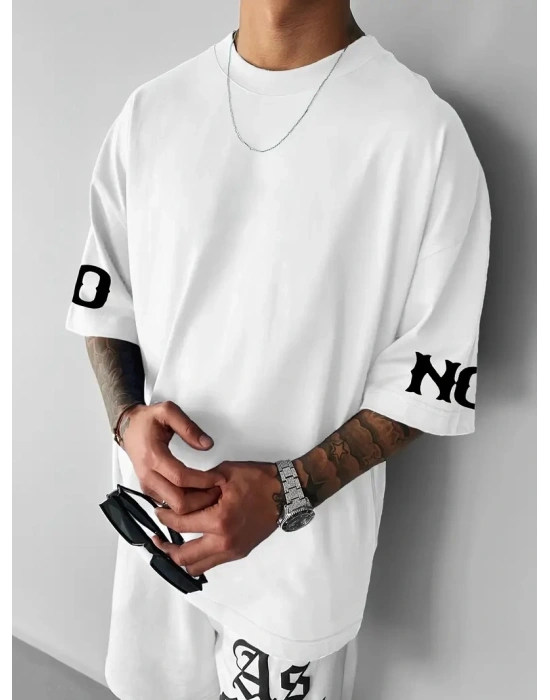 No Risk No Story Baskılı Oversize Bisiklet Yaka T-shirt - Beyaz -