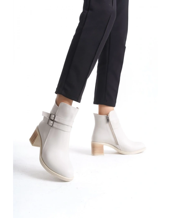 NOEMI Tokalı Fermuarlı Ortopedik Taban Topuklu Kadın Bot  CKT - Krem