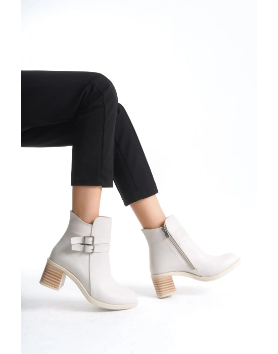 NOEMI Tokalı Fermuarlı Ortopedik Taban Topuklu Kadın Bot  CKT - Krem