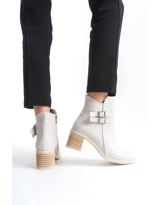 NOEMI Tokalı Fermuarlı Ortopedik Taban Topuklu Kadın Bot  CKT - Krem