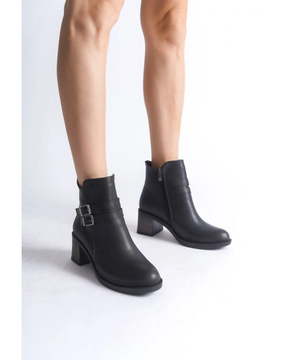 NOEMI Tokalı Fermuarlı Ortopedik Taban Topuklu Kadın Bot  CST - Siyah