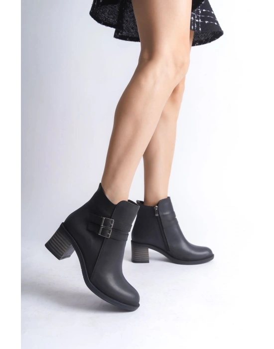 NOEMI Tokalı Fermuarlı Ortopedik Taban Topuklu Kadın Bot  CST - Siyah