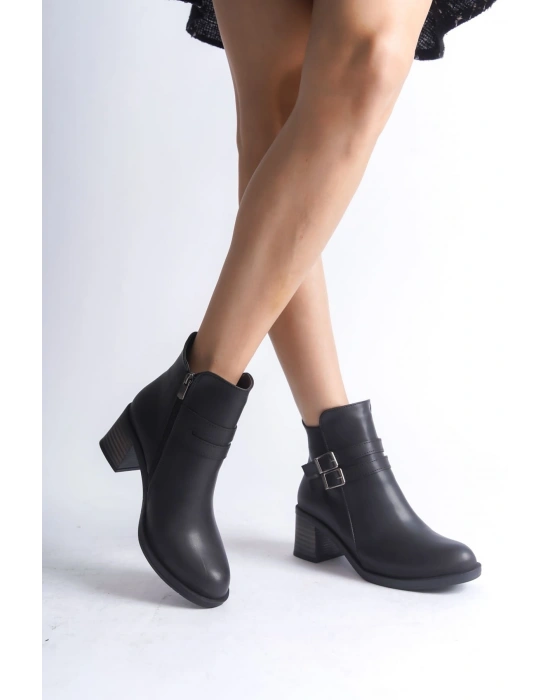NOEMI Tokalı Fermuarlı Ortopedik Taban Topuklu Kadın Bot  CST - Siyah