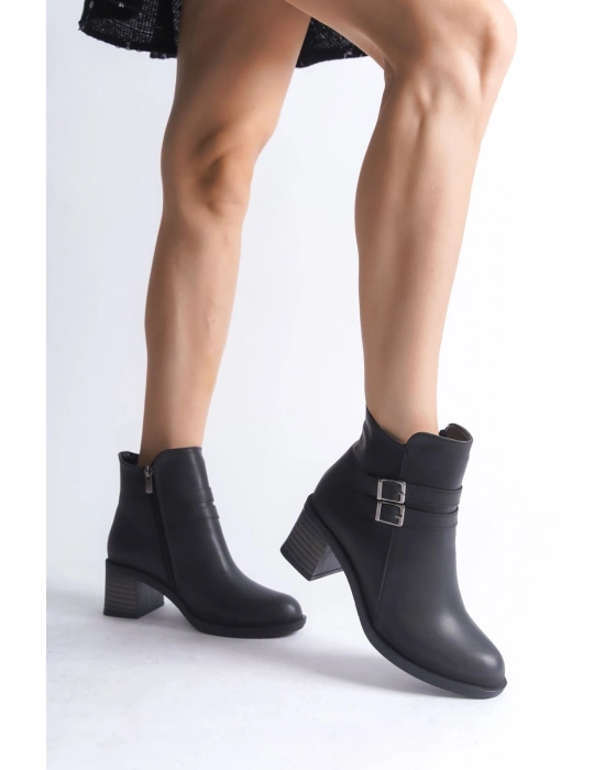 NOEMI Tokalı Fermuarlı Ortopedik Taban Topuklu Kadın Bot  CST - Siyah