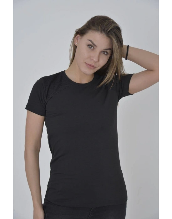 Omuz Fileli Slim Fit T-shirt - Siyah -