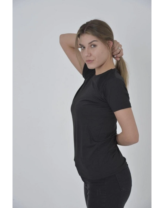 Omuz Fileli Slim Fit T-shirt - Siyah -