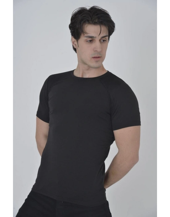 Omuz Fileli Slim Fit T-shirt - Siyah -