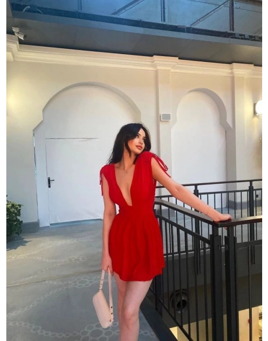 Omuzu ip Askılı Şortlu Elbise - Kırmızı -