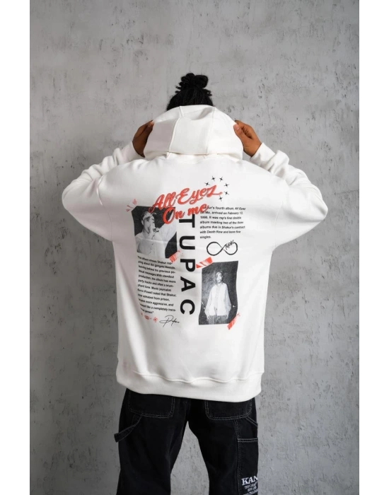 Ön Arka Baskılı Kapşonlu Sweat - Beyaz -