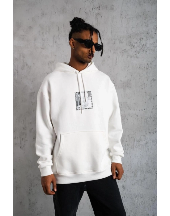 Ön Arka Baskılı Kapşonlu Sweat - Beyaz -
