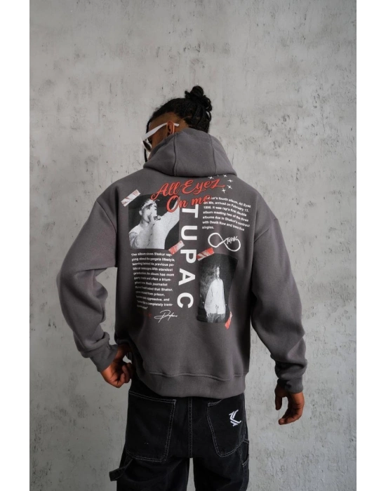 Ön Arka Baskılı Kapşonlu Sweat - Gri