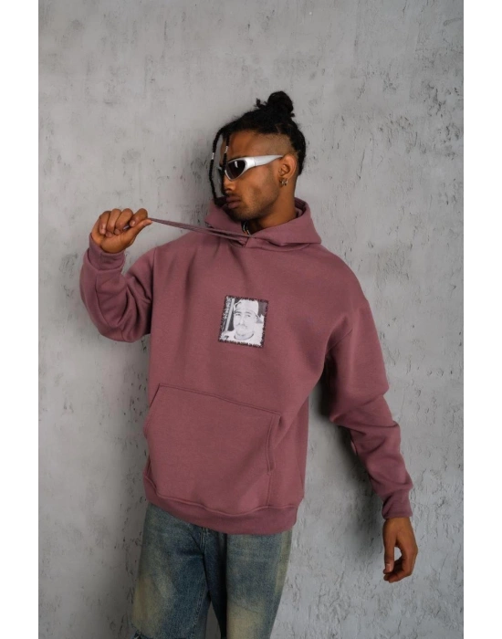 Ön Arka Baskılı Kapşonlu Sweat - Gül Kurusu
