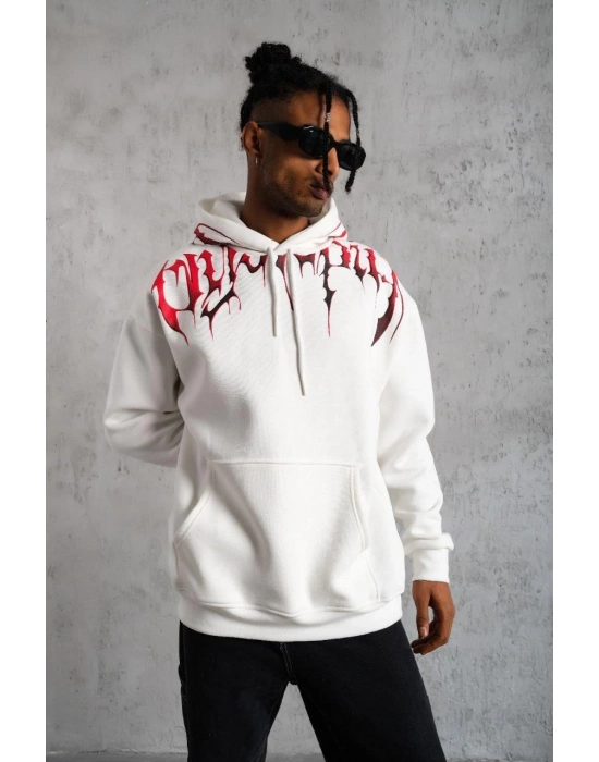 Ön ve Arka Baskılı Kapüşonlu 3 İplik Sweatshirt - Beyaz