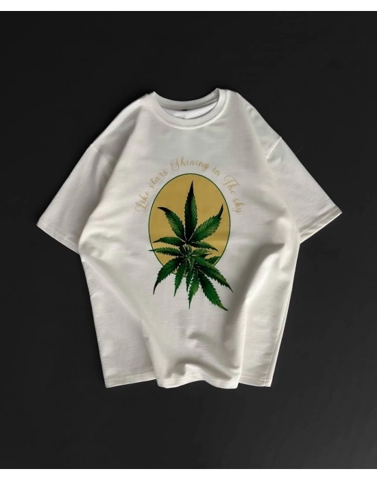 Ön ve Arka Baskılı Oversize Bisiklet Yaka T-shirt- Beyaz -